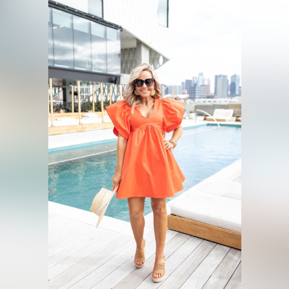 AVARA Chic Orange Puff Sleeve Dress Sz L NWT
